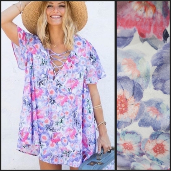 Show Me Your MuMu Kylie Floral Lace-Up Boho Flowy Vacation Mini Dress XS (0-2) - Picture 2 of 14